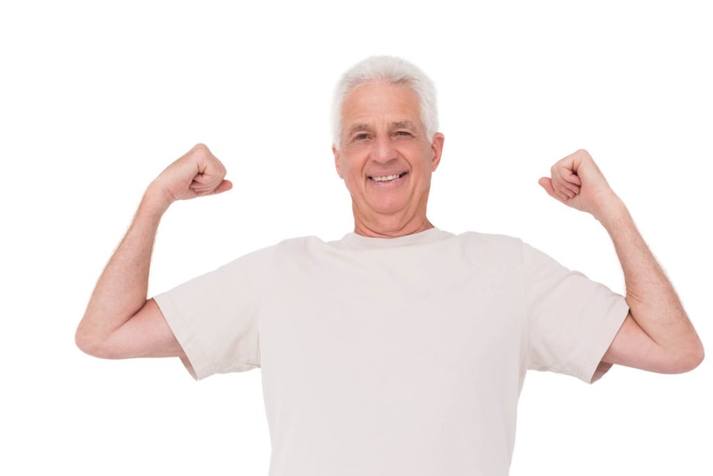 senior man flexing muscles, for testosterone replacement therapy